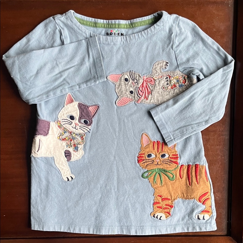 Mini Boden Long Sleeve Tunic Top with Cat Appliqués